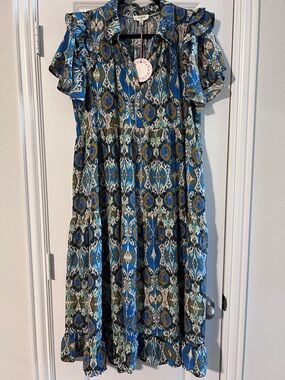 Umgee Blue and Gold Ikat Print Dress